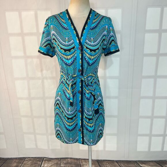 Pierre Cardin Multicolor Bold Print Short Sleeve Button Down Shirt Dress Sz 46 - Picture 1 of 9